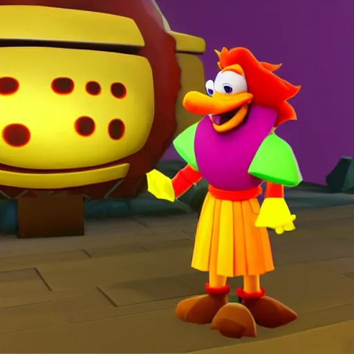 Image similar to image of ronald mcdonald, red afro, red nose and yellow outfit as an enemy in spyro the dragon video game, with low poly playstation 1 graphics, upscaled to high resolution