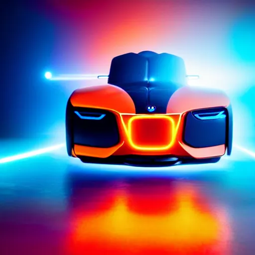 Prompt: a orange and blue shiny metallic robot in style of a bmw concept car vision with cyan glowing laser beams out of the eyes, insanely integrate details, cables out of the ears, sharp, frontshot, 8 k,