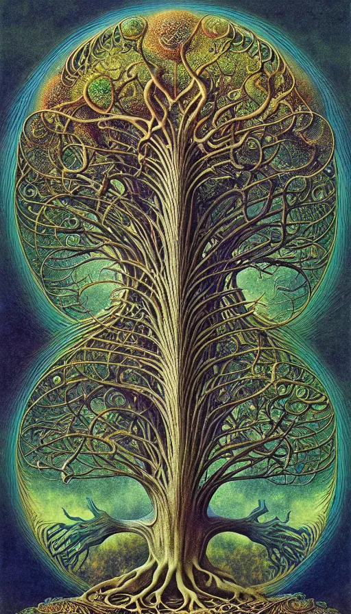 Image similar to tree of life by roger dean and andrew ferez, art forms of nature by ernst haeckel, divine chaos engine, symbolist, visionary, art nouveau, botanical fractal structures, organic, detailed, realistic, surreality