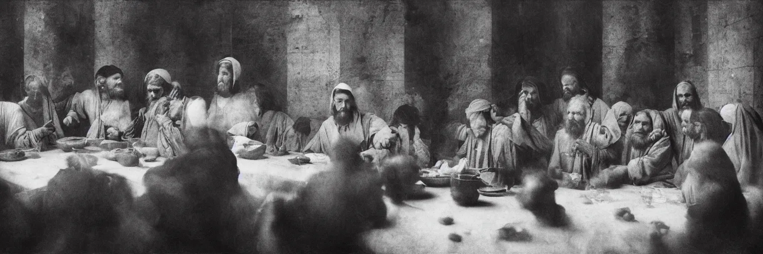 Image similar to Award Winning Editorial 84° wide-angle picture of a Tramps with bowed heads in a Soup Kitchen by David Bailey and daVinci, called 'The Last Supper', 85mm ND 5, perfect lighting, gelatin silver process