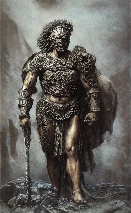 Image similar to hercules in lion ornamented armor, wearing cape, beksinski, hercules concept art, weta workshop concept art