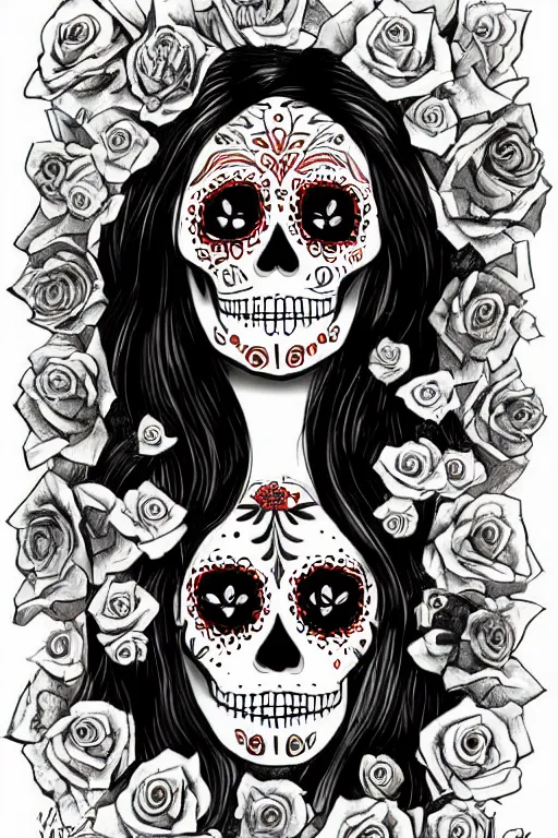 Prompt: Illustration of a sugar skull day of the dead girl, art by mike worall