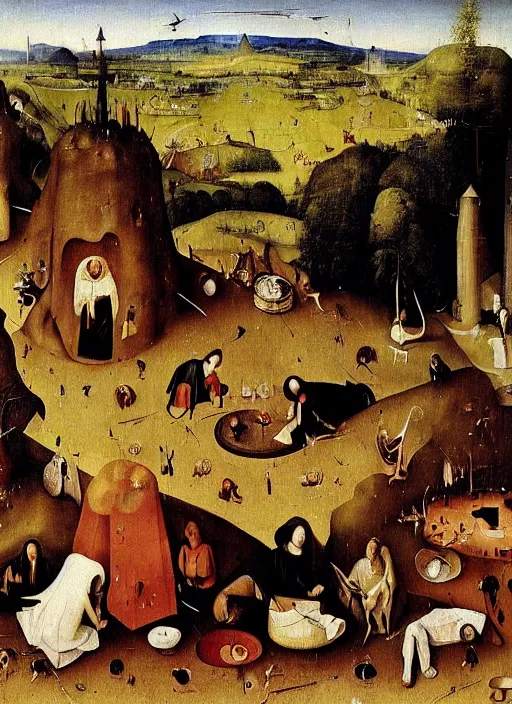 Prompt: Picnic on the Hills by Hieronymus Bosch, surreal oil painting, highly detailed, dream like, masterpiece