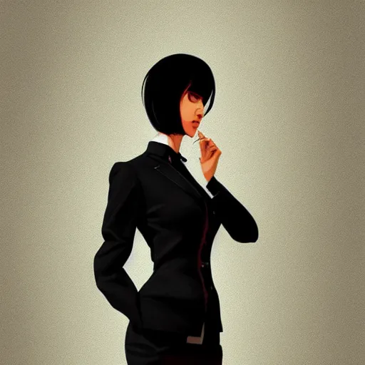 Image similar to slim girl in tuxedo with short black hair, elegant, 2d, ultra highly detailed, digital painting, smooth, sharp focus, artstation, art by Ilya Kuvshinov