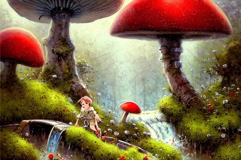 Prompt: adventurer ( ( ( ( ( 1 9 5 0 s retro future robot android mouse in forrest of giant mushrooms, moss and flowers stone bridge waterfall. muted colors. ) ) ) ) ) by jean baptiste monge!!!!!!!!!!!!!!!!!!!!!!!!! chrome red