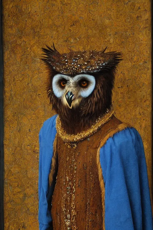 Image similar to portrait of humanoid iridescent blue owlbear wearing a loose tunic. an anthropomorphic owlbear. fantasy, oil painting by jan van eyck, northern renaissance art, oil on canvas, wet - on - wet technique, realistic, expressive emotions, intricate textures, illusionistic detail