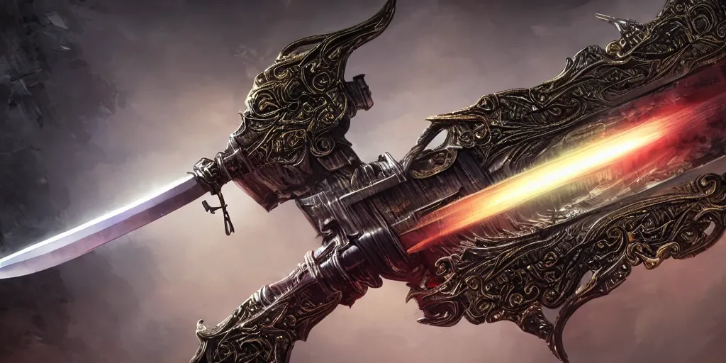 Image similar to legendary cybernetic full long sharp sword lying flat on a glowing table with a black and iridescent sword blade, digital award winning hd matte painting, intimate dark moody, intricate, ornate spikes, colorful gems on hilt, detailed realistic raytraced blade, future golden technological pommel, in the style of krenz cushart, deviantart