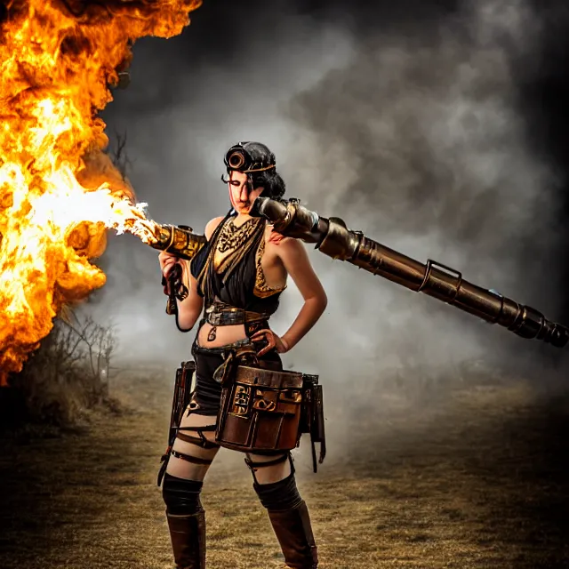 Image similar to full length photo of a beautiful dieselpunk warrior with a flamethrower, 8 k, hdr, smooth, sharp focus, high resolution, award - winning photo