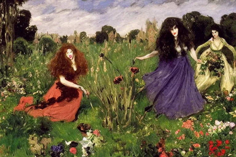 Image similar to hagrid and morticia addams frolicking in a field of various flowers, fairy garden, masterpiece, highly detailed, oil on canvas, art by walter sickert, john singer sargent, and william open