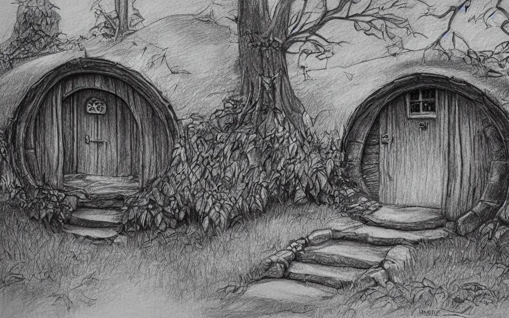 a black and white pencil drawing of a hobbit house Stable Diffusion