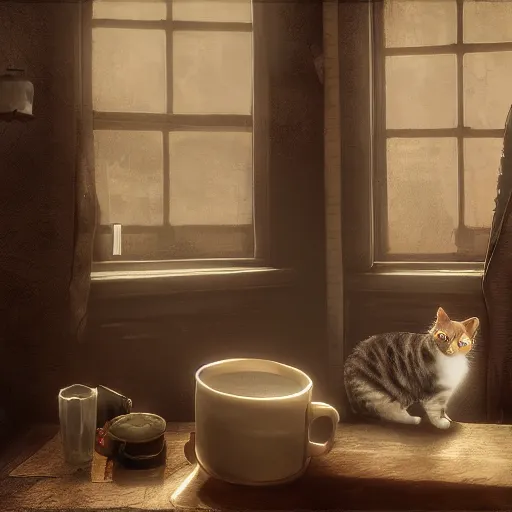 Image similar to cat drinks milk, in game pathologic 2, digital art, unreal engine, cinematic composition, sharp, details, hyper - detailed, hd