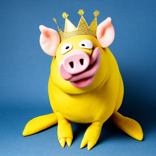 Image similar to studio photograph of a smiling pig depicted as a muppet wearing a gold crown with a yellow background, front view