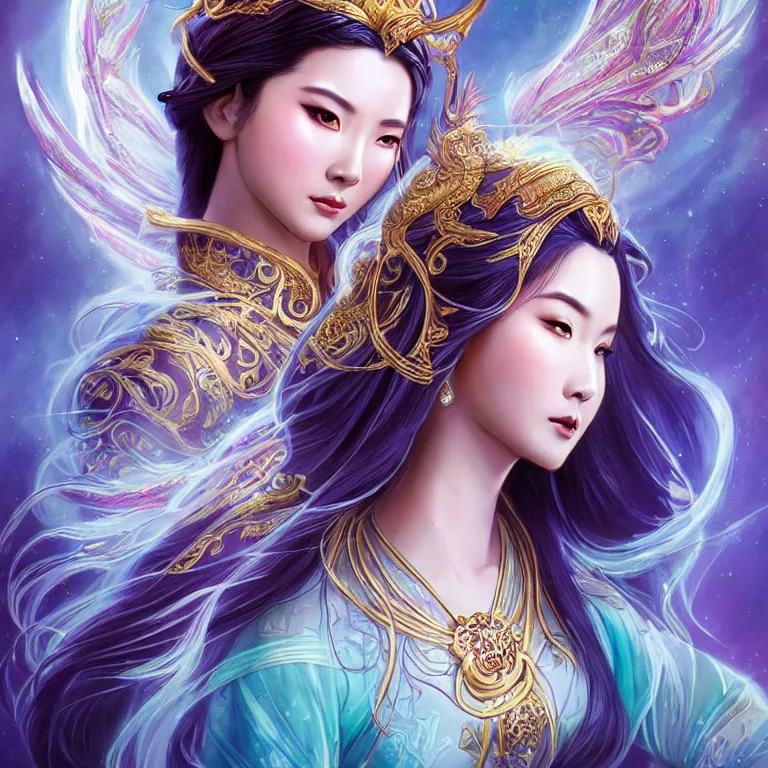 Prompt: beautiful cinematic fantasy poster, a beautiful vietnamese goddess wearing an ornate ao dai with flowing illuminated hair, beautiful glowing galaxy eyes, wideshot ultrawide angle epic scale, hybrid from The Elden Ring and art direction by Darius Zawadzki ;by artgerm; wayne reynolds art station; cinematic quality character render; low angle; ultra high quality model; production quality cinema model;