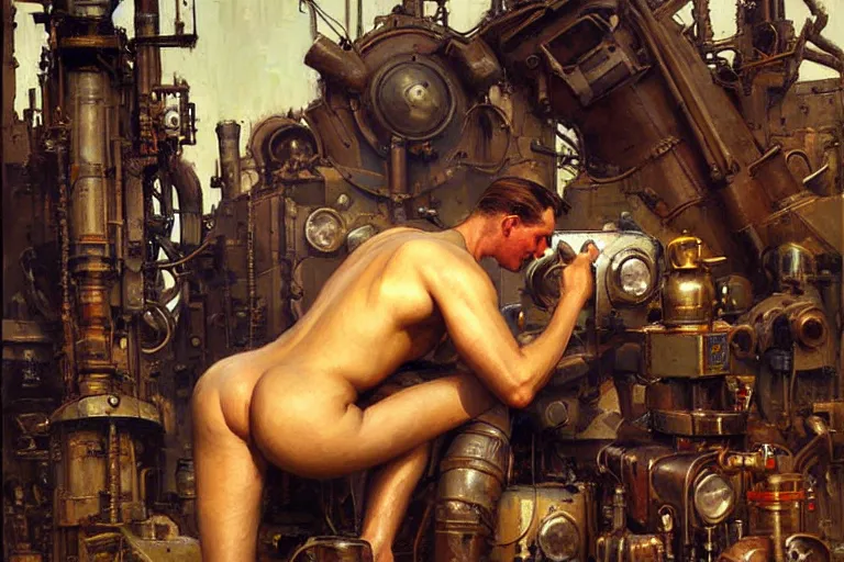 Image similar to male repairing machine, dieselpunk, painting by gaston bussiere, craig mullins, j. c. leyendecker, tom of finland