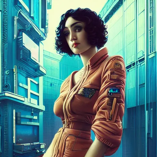 Image similar to Lofi vaporwave cyberpunk portrait woman with short brown curly hair, Pixar style, Tristan Eaton, Stanley Artgerm, Tom Bagshaw