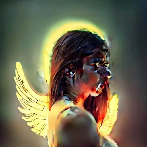 Image similar to portrait art of female angel, art by alessio albi 8 k ultra realistic, angel wings, lens flare, atmosphere, glow, detailed, intricate, full of colour, led lighting, trending on artstation, 4 k, hyperrealistic, focused, extreme details, unreal engine 5, masterpiece