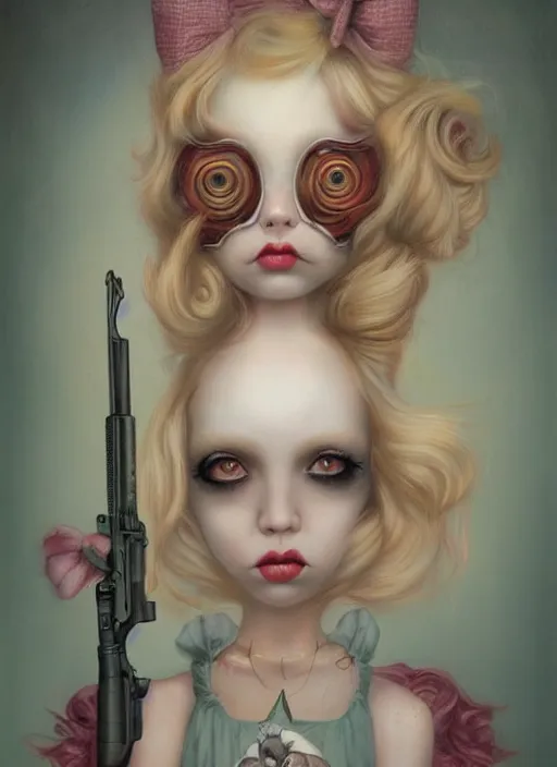 Prompt: pop surrealism, lowbrow art, realistic cute alice girl painting, holding a gun, hyper realism, muted colours, rococo, natalie shau, loreta lux, tom bagshaw, mark ryden, trevor brown style,