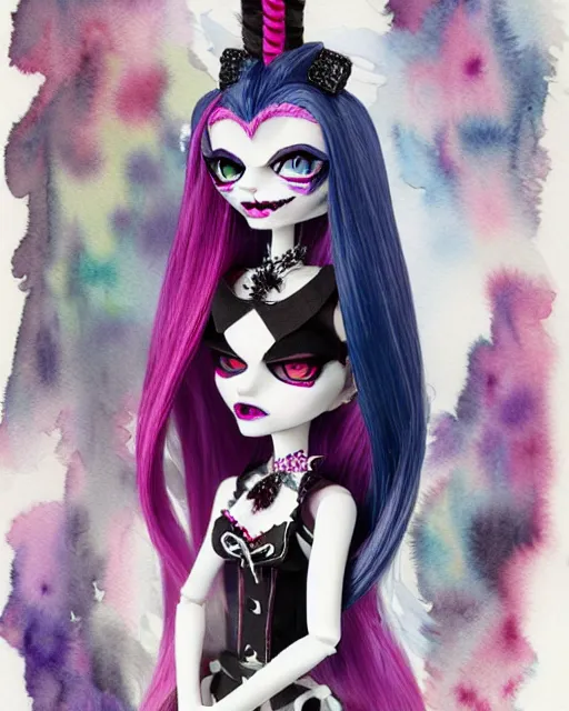 Image similar to watercolor portrait of monster high draculaura doll, by darkodordevic, makoto shinkai and, detailed and intricate environment