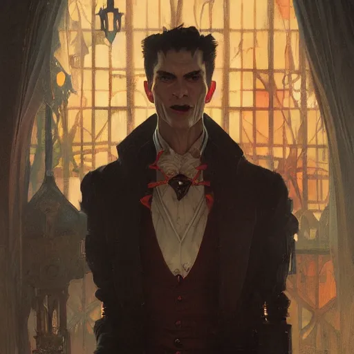 Image similar to portrait of a vampire by Stanley Artgerm Lau , greg rutkowski, thomas kindkade, alphonse mucha, loish, norman rockwell. Trending on artstation rule of thirds detailed illustration hd 4k