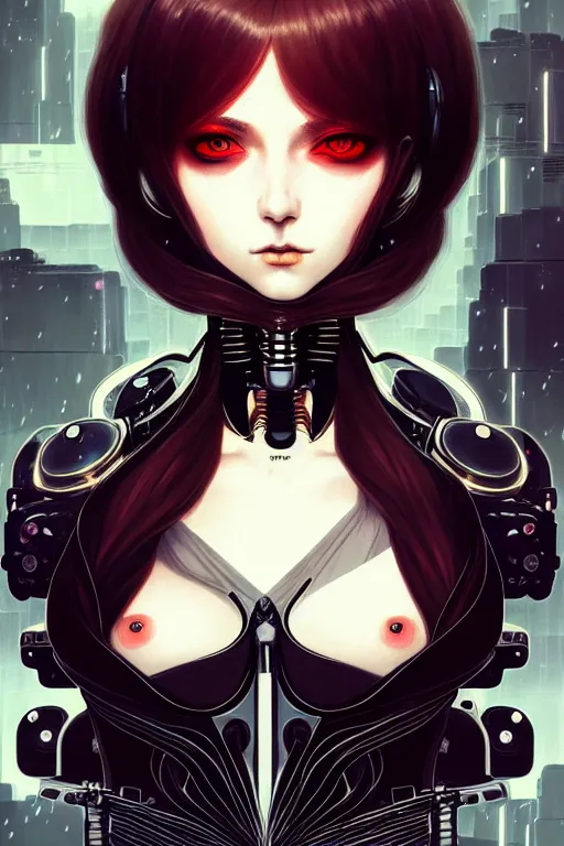 Prompt: portrait of beautiful young gothic cyborg anime maiden, cute-fine-face, pretty face, realistic shaded Perfect face, fine details. Anime, cyberpunk, Warhammer, highly detailed, artstation, illustration, art by Ilya Kuvshinov and Gustav Klimt