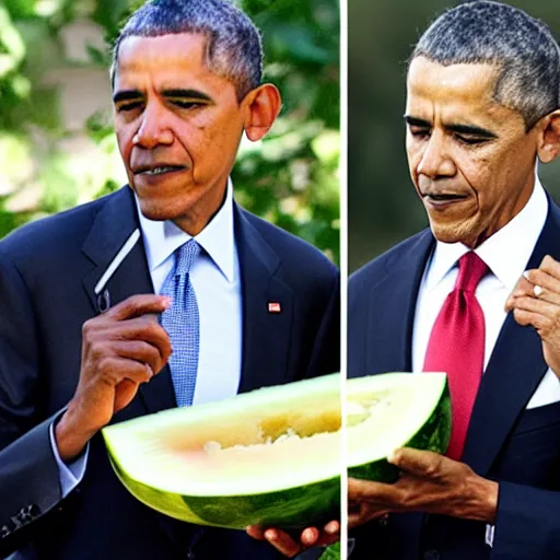 Prompt: barrack obama with a samurai sword chopping a watermelon in half