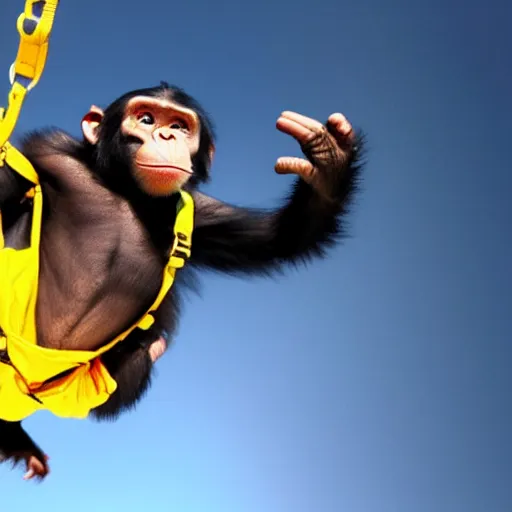 Image similar to a chimp wearing a yellow hoodie is skydiving