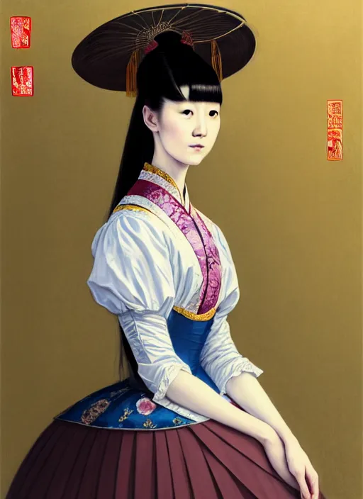 Prompt: a portrait of a young chinese woman in victorian clothing, confident pose, intricate, elegant, sharp focus, illustration, highly detailed, concept art, matte, trending on artstation, anime, art by james jean and artgerm and brian despain and alberto mielgo, greg rutkowski, wlop, ilya kuvshinov, strong strokes