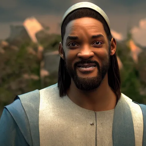 Image similar to jesus meet will smith, cgsociety, artstation, 8 k, dreamworks, hyperdetalied,