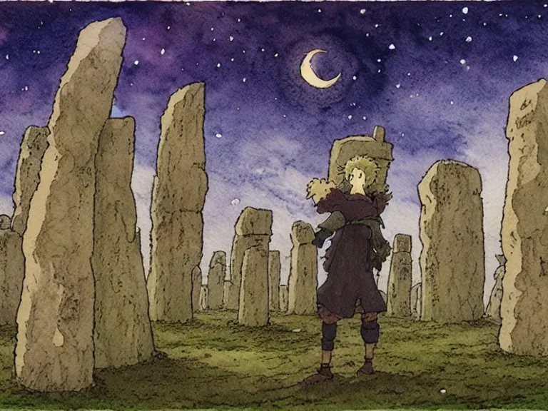 Image similar to a simple watercolor studio ghibli movie still fantasy concept art of a giant wizard playing in a tiny stonehenge. it is a misty starry night. by rebecca guay, michael kaluta, charles vess