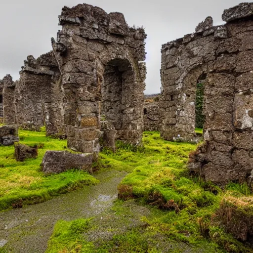 Image similar to the ruins of a giant village made out of stone, overgrown by red moss