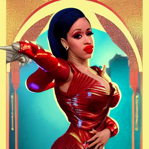 Prompt: cardi b and james bond as darna, wax figure, glowing eyes, volumetric lights, red and cyan theme, art nouveau botanicals, intricate, highly detailed, digital painting, artstation, concept art, smooth, sharp focus, cinematic, illustration, beautiful face, art by artgerm and greg rutkowski and alphonse mucha