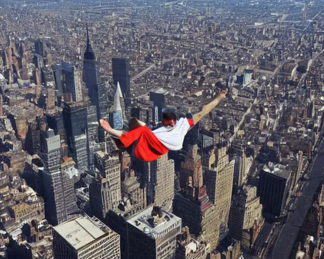 Image similar to a homeless man fly's in the sky like an angel over the city. realistic image. new york city candid photo. hyperrealistic terrorist attack.