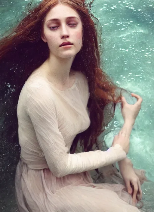 Prompt: Kodak Portra 400, 8K, soft light, volumetric lighting, highly detailed, britt marling style 3/4 , portrait photography of a beautiful woman how pre-Raphaelites by Giovanni Gastel with her eyes closed,inspired by Ophelia Millais Paint , the face emerges from water of Pamukkale, underwater face, the hair are intricate with highly detailed realistic beautiful brunches and flowers like crown, anatomical real full body dressed ethereal lace dress floating in water surface , Realistic, Refined, Highly Detailed, outdoor soft pastel lighting colors scheme, outdoor fine art photography, Hyper realistic, photo realistic