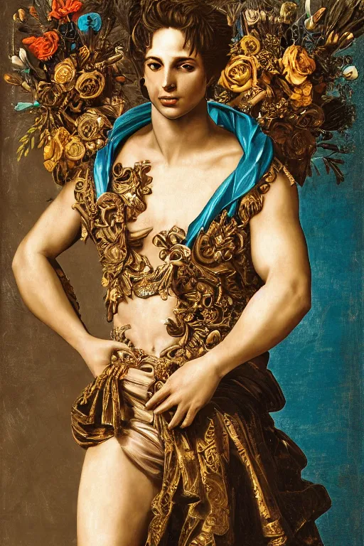 Prompt: a young handsome Spanish prince in a full-body bronze cyberpunk style statue of an android with glowing blue eyes with an open chest exposing a sparking motherboard chip, crown of peach roses, flowing teal-colored silk, fabric, flowers. baroque elements, human skull. full-length view. baroque element. intricate artwork by caravaggio. many many birds birds on background. Trending on artstation, octane render, cinematic lighting from the right, hyper realism, octane render, 8k, depth of field, 3D