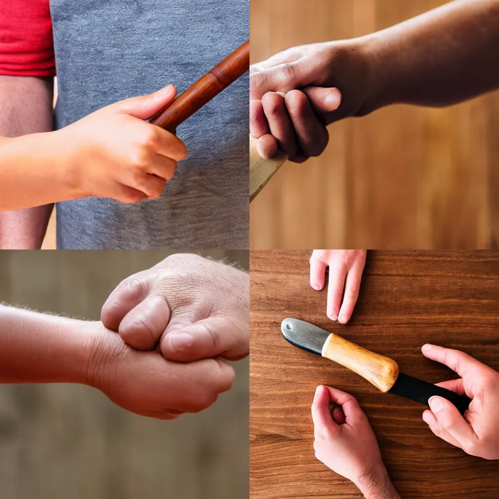 Prompt: hand holding a thick wooden handle