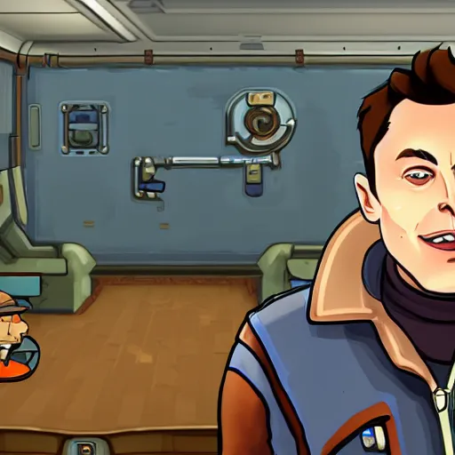 Image similar to portrait of elon musk in deponia, in game graphic, pc gameplay, screenshot, high quality