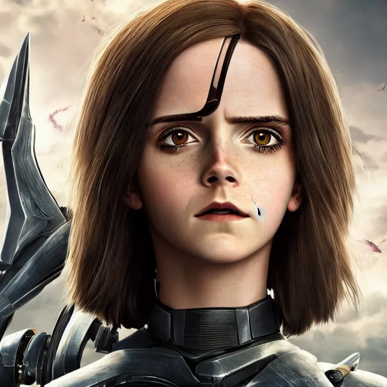 Prompt: scifi emma watson looks like alita battle angel, big eyes, smiling face, extremely high detail, extremely high detailed face, cyborg, photorealism, emma watson, sony a 7 r