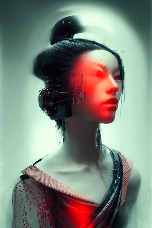 Image similar to A masterpiece portrait of a Incredibly cyberpunk geisha by Ash Thorp, red LED lights, extremely beautiful and proportionate face, sharp focus, hyper detailled