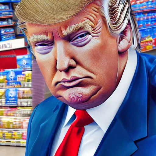 Prompt: donald trump without a suit in walmart, highly detailed, deep focus, elegant, digital painting, smooth, sharp focus, illustration, ultra realistic, 8 k