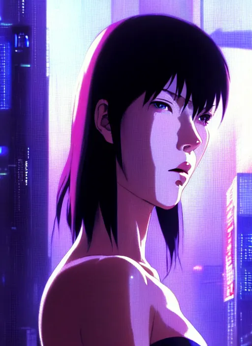 Image similar to a film still portrait of a motoko kusanagi ghost in the shell, finely detailed features, closeup at the faces, perfect art, at a cyberpunk city, gapmoe yandere grimdark, trending on pixiv fanbox, painted by greg rutkowski makoto shinkai takashi takeuchi studio ghibli, akihiko yoshida