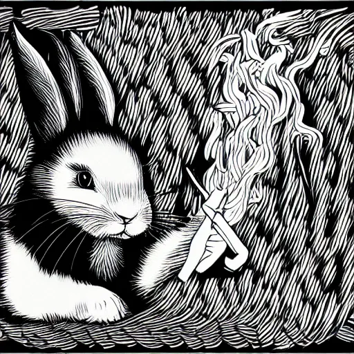 Prompt: black - and - white line art illustration of a playful rabbit in a tangled thicket, smoking a cigarette, with smoke rising from the cigarette, whimsical masterpiece