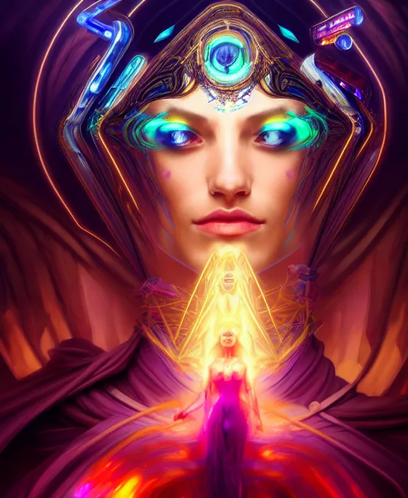 Image similar to a whirlwind of souls rushing inside the metaverse, half body, glowin eyes, tiara with sapphire, pharaoh, android, cyberpunk, d & d, fantasy, intricate, elegant, highly detailed, colorful, vivid color, digital painting, artstation, concept art, art by artgerm and greg rutkowski and alphonse mucha and ruan jia