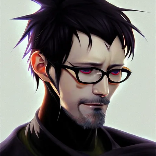 Image similar to portrait of gendo ikari evangelion, male, thin pursed lips, sharp jaw light black hair soft hair swept back short length hair, anime, fantasy, intricate, elegant, stern, highly detailed, digital painting, artstation sharp focus, hunterpedia madonna art by artgerm and ruan jia and ross tran