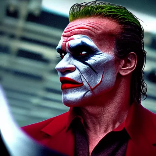 Image similar to awe inspiring Arnold Schwarzenegger playing The Joker 8k HDR movie still amazing lighting