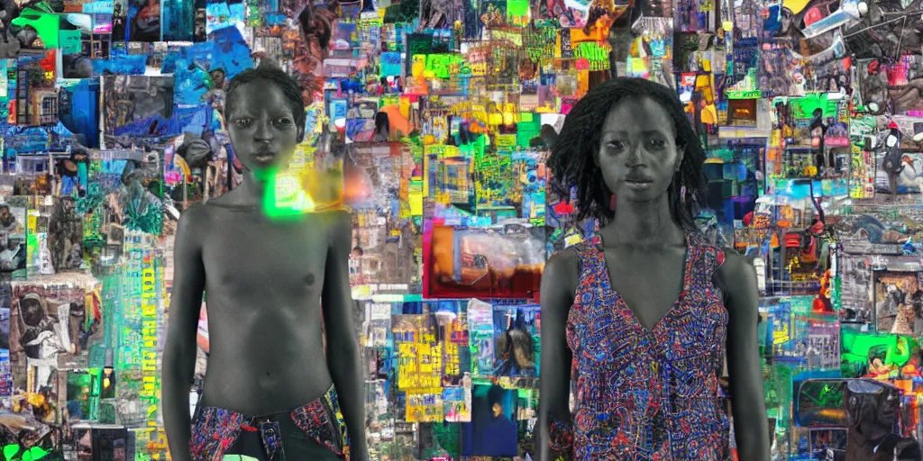 Image similar to ROBOT of AJEGUNLE SLUMS of Lagos inside African JESUS CHRIST about AESTHETICS surrounding large UFO within NEON rays of light, magazine collage, photographs, real world,