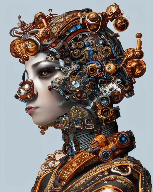 Image similar to portrait of a cyberpunk machine, machine face, upper half portrait, decorated with chinese opera motifs, asian, fine china, traditional chinese art, intricate, elegant, highly detailed, symmetry, headpiece, digital painting, artstation, concept art, smooth, sharp focus, illustration, art by artgerm and greg rutkowski and alphonse mucha, 8 k