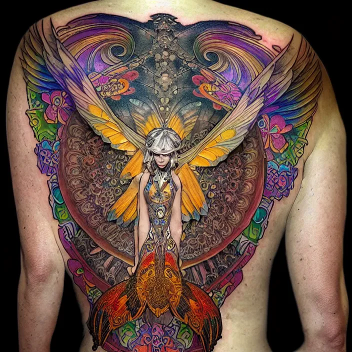 Image similar to extremely psychedelic tattoo design made of wings and mushrooms, LSD tattoo design, diffuse lighting, fantasy, intricate, elegant, highly detailed, lifelike, photorealistic, digital painting, artstation, illustration, concept art, smooth, sharp focus, art by John Collier and Albert Aublet and Krenz Cushart and Artem Demura and Alphonse Mucha