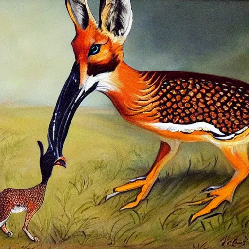 Image similar to A painting of a pheasant eating a fox