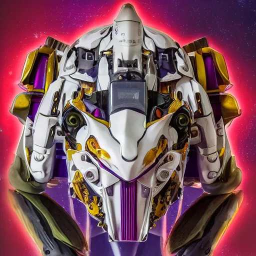 Image similar to futuristic phalaenopsis amabilis mecha tiger face in moon body, sepals forming helmet, floral details, phalaenopsis, 8 k hd resolution, barbatos gundam with floral inlay, bandai box art, star wars, makoto kobayashi, frank gehry, raymond swanland