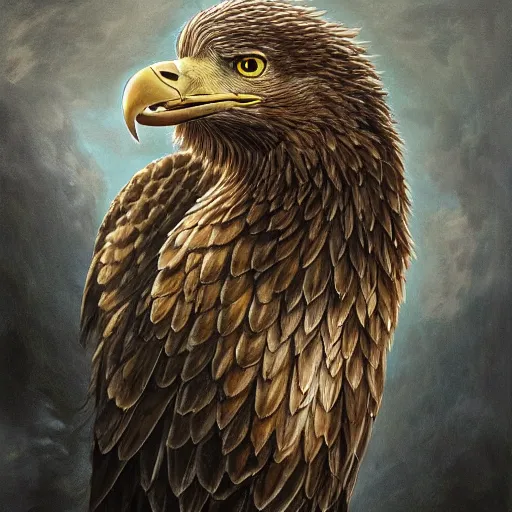 Prompt: a beautiful detailed 3d matte portrait of a alchemist white-tailed eagle, by ellen jewett, by tomasz alen kopera, by Justin Gerard, ominous, magical realism, texture, intricate, skull, skeleton, gold coins, money, whirling smoke, alchemist bottles, radiant colors, fantasy, volumetric lighting, high details